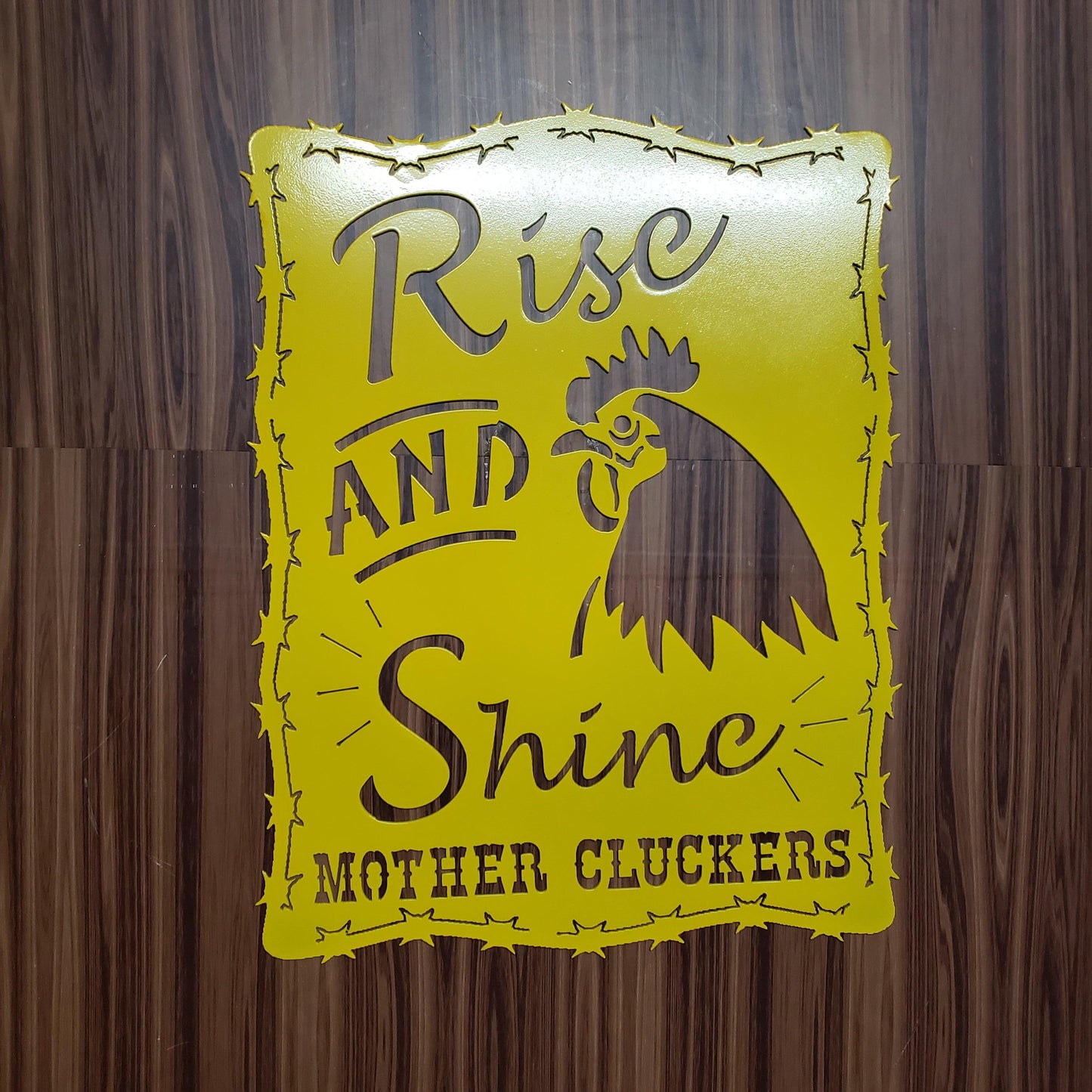 Rise and Shine Mother Cluckers Metal Sign – Rooster or Hen Design – Funny Farmhouse Wall Art with Barbed Wire Edge – 18"x14" Plasma Cut Steel