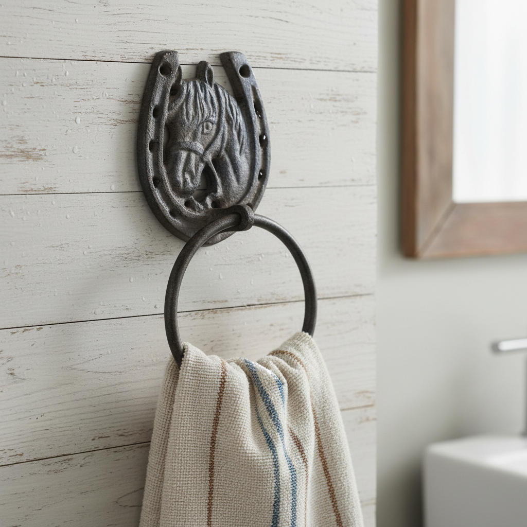 Horse Head Towel Ring, Equestrian Cast Iron for Bath or Kitchen