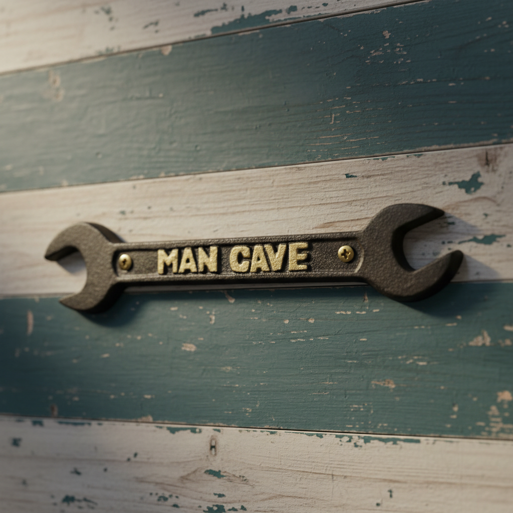 Spanner Wrench Man Cave Plaque, Cast Iron Industrial Garage Decor
