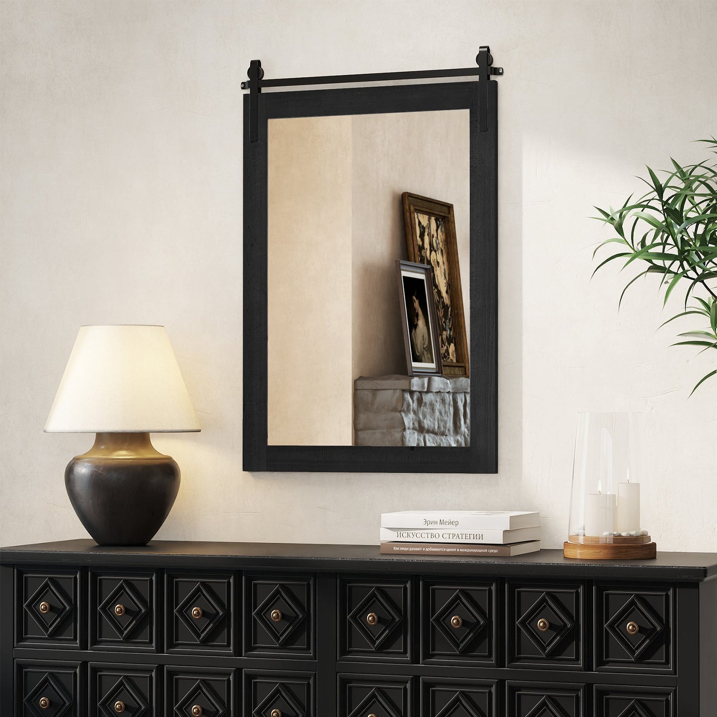 Rustic Wood Frame Barn Door Style Farmhouse Wall Mirror