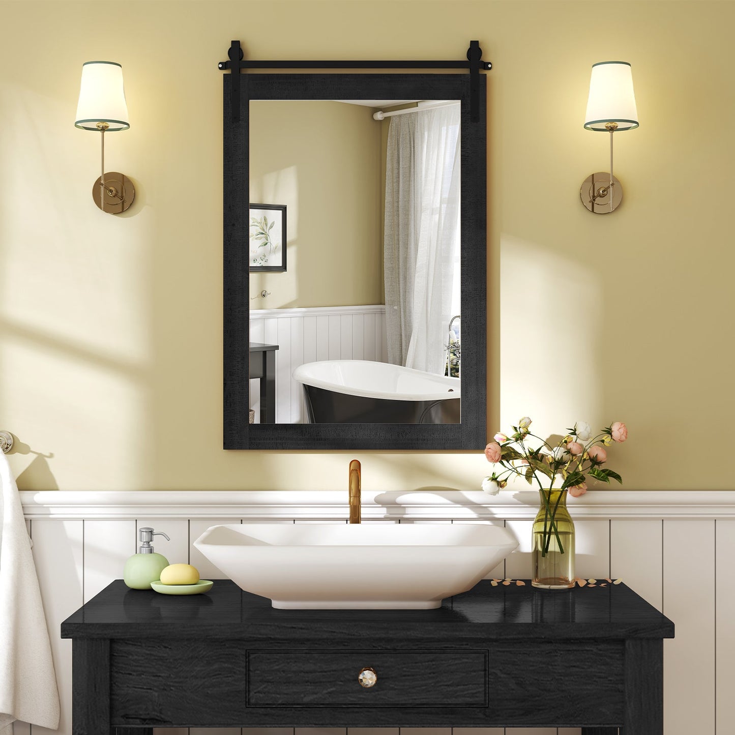 Rustic Wood Frame Barn Door Style Farmhouse Wall Mirror