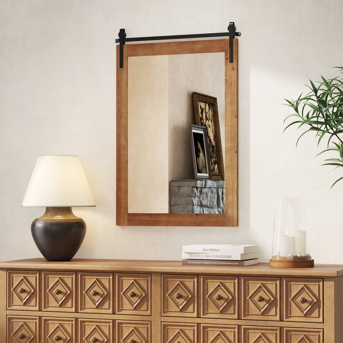 Rustic Wood Frame Barn Door Style Farmhouse Wall Mirror