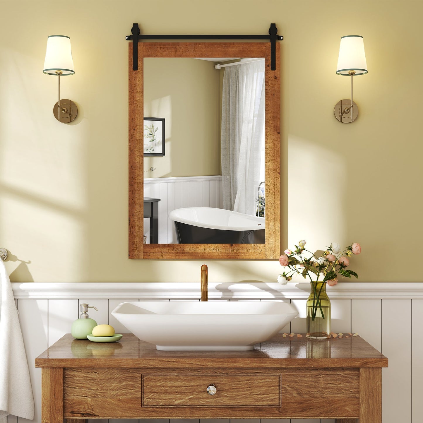 Rustic Wood Frame Barn Door Style Farmhouse Wall Mirror