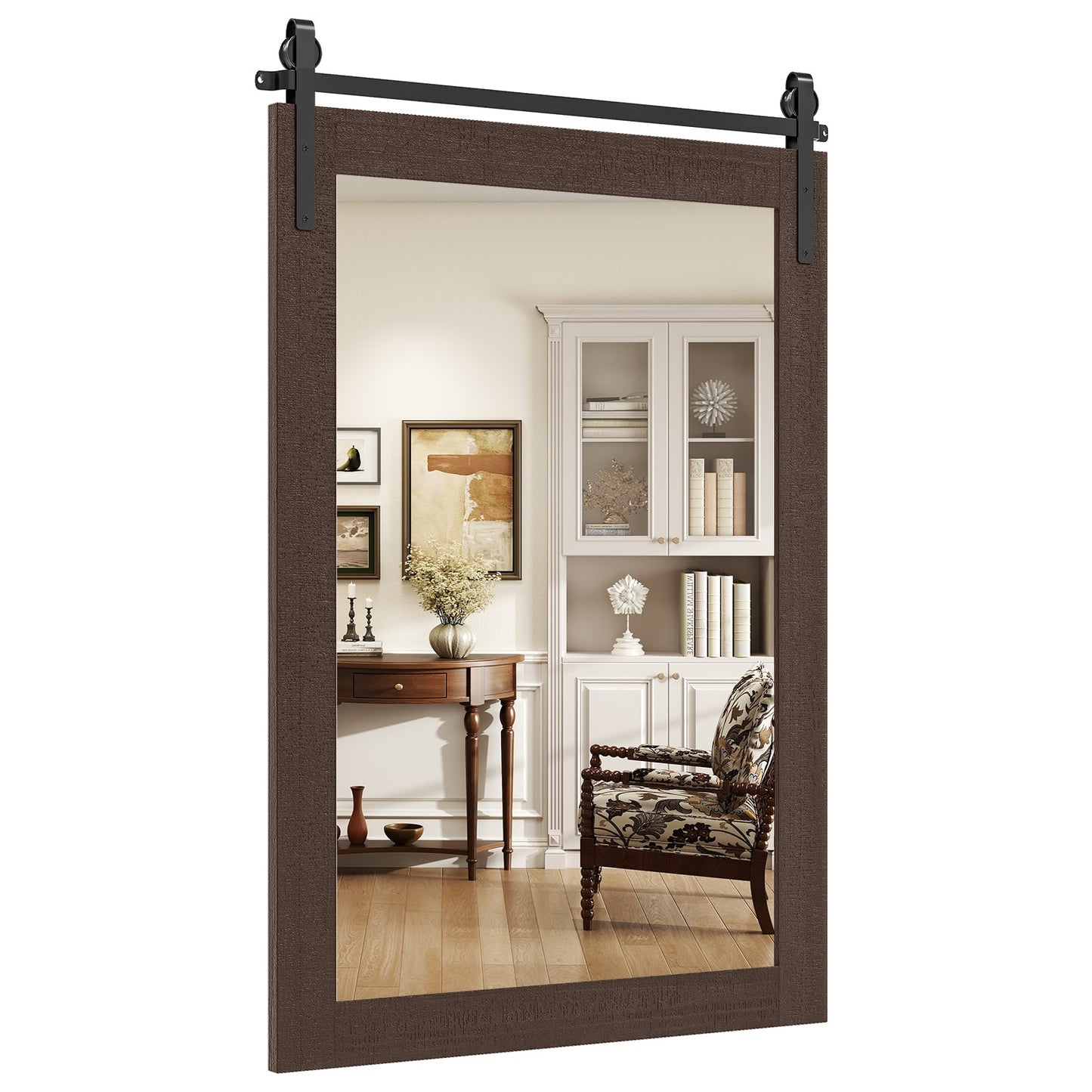 Rustic Wood Frame Barn Door Style Farmhouse Wall Mirror