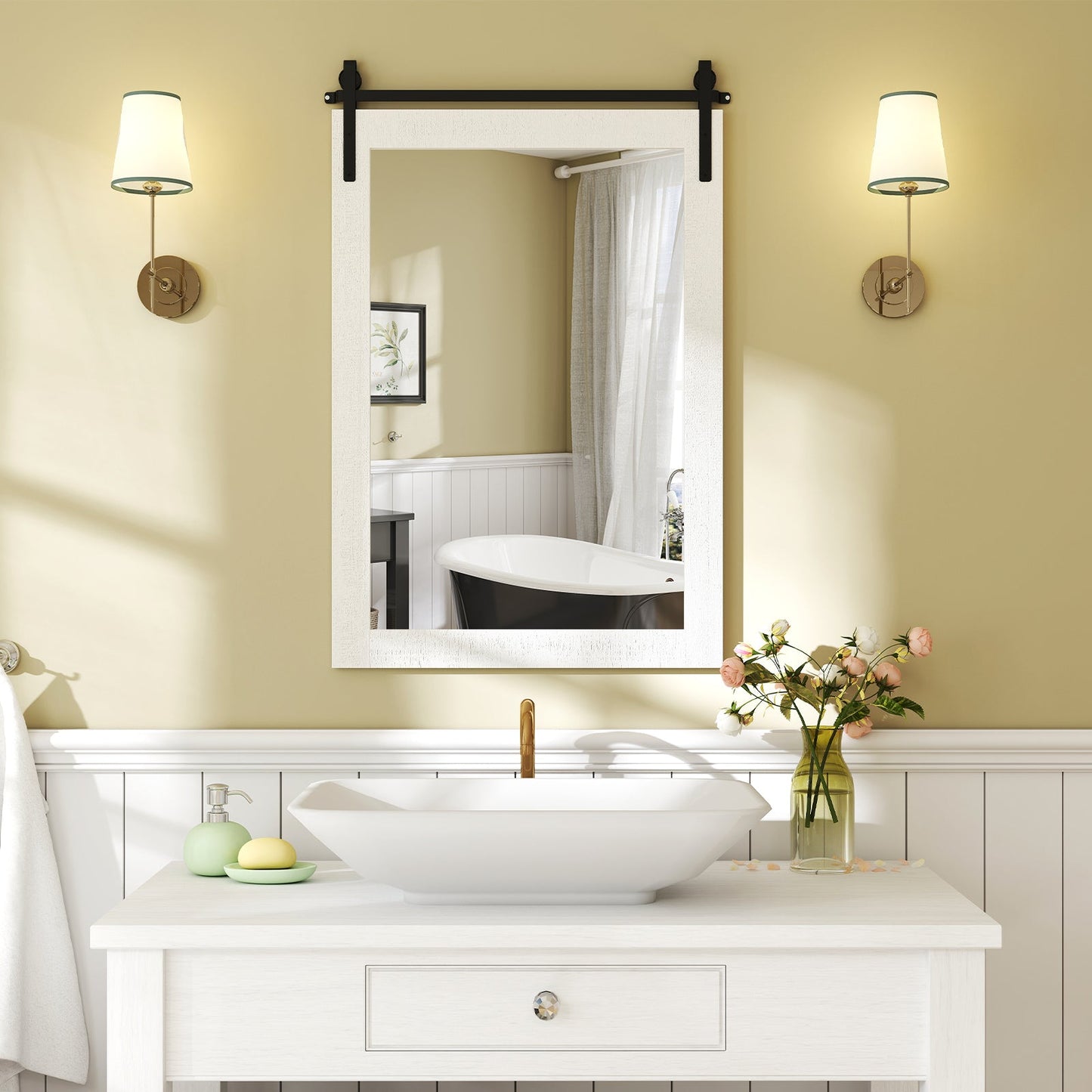 Rustic Wood Frame Barn Door Style Farmhouse Wall Mirror