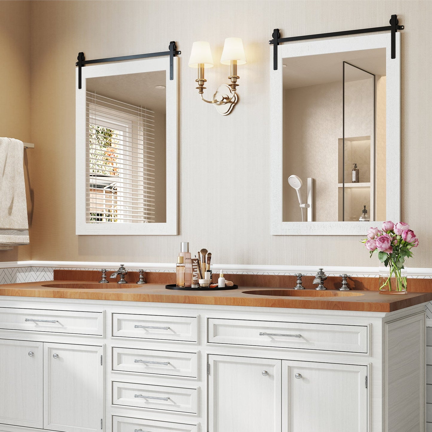 Rustic Wood Frame Barn Door Style Farmhouse Wall Mirror