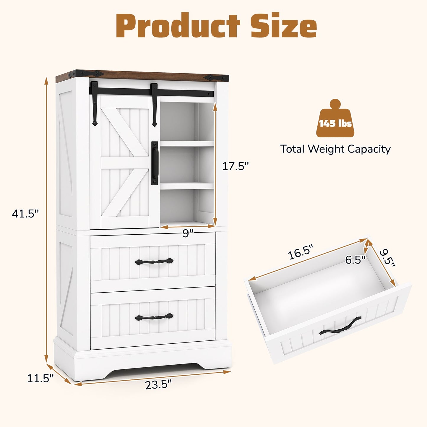 Farmhouse Bathroom Floor Cabinet Freestanding Wooden Storage Organizer-White