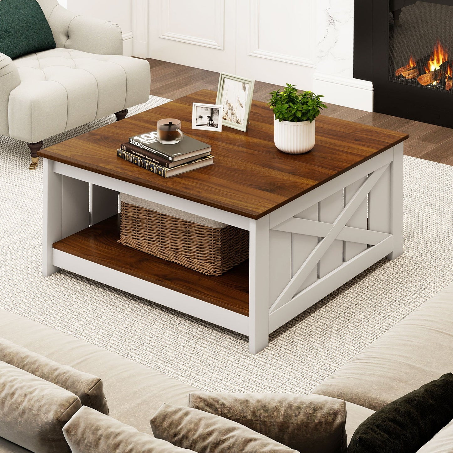 Farmhouse Coffee Table 31 Inch Square Coffee Table with Storage Shelf-White