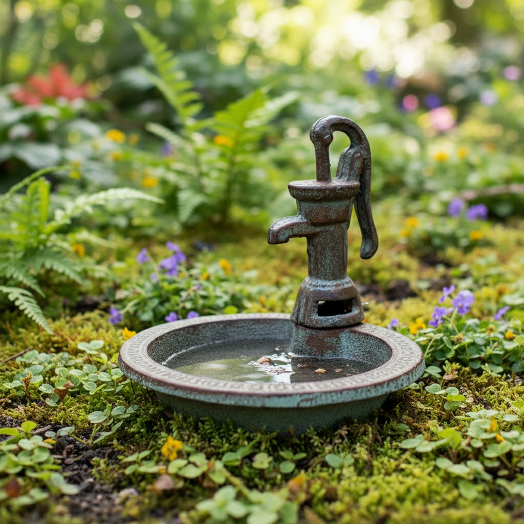 Water Pump Bird Bath, Rustic Cast Iron Garden and Patio Decor