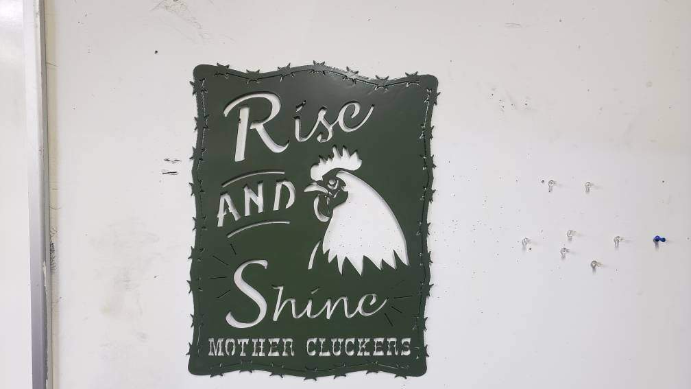 Rise and Shine Mother Cluckers Metal Sign – Rooster or Hen Design – Funny Farmhouse Wall Art with Barbed Wire Edge – 18"x14" Plasma Cut Steel