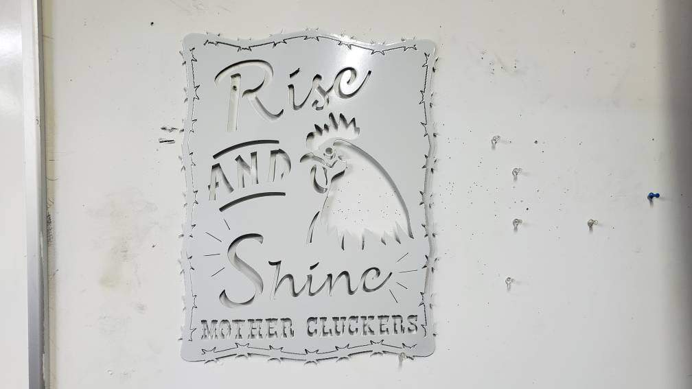 Rise and Shine Mother Cluckers Metal Sign – Rooster or Hen Design – Funny Farmhouse Wall Art with Barbed Wire Edge – 18"x14" Plasma Cut Steel