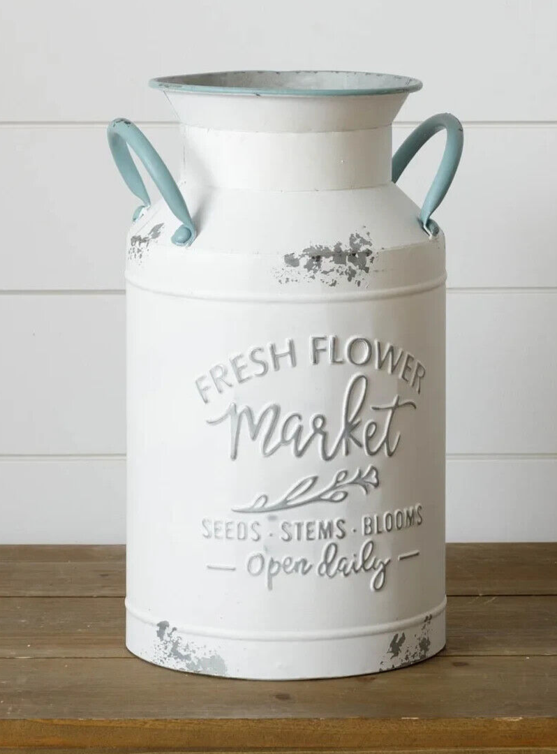 Shabby White “Fresh Flower Market” Milk Can Vase